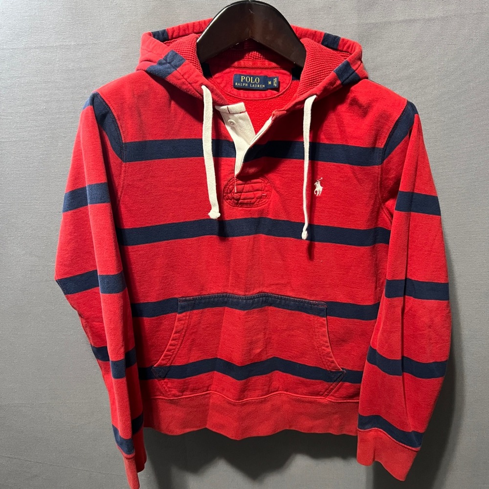 Polo Ralph Lauren Men Red Navy Blue Striped Rugby Hoodie Fleece Pullover medium